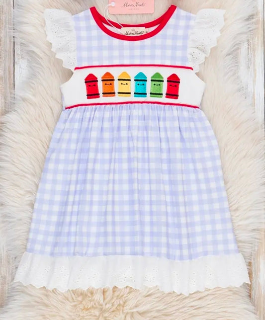 Bright Crayons Embroidered Gingham Dress (Pre-Order)