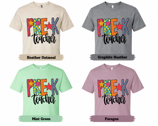 Colorful Pre-K Teacher Adult Shirt (Gildan SoftStyle)