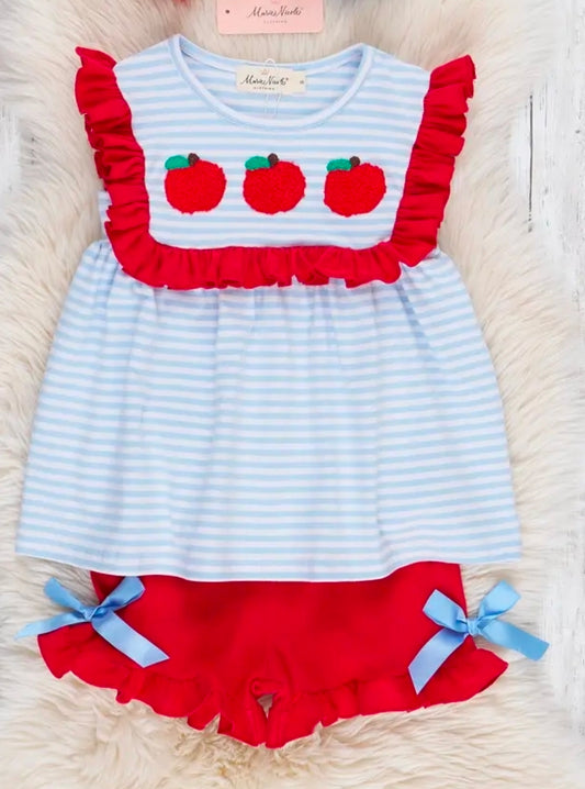 Red Apple with Blue Stripes Ruffle Outfit (Pre-Order)