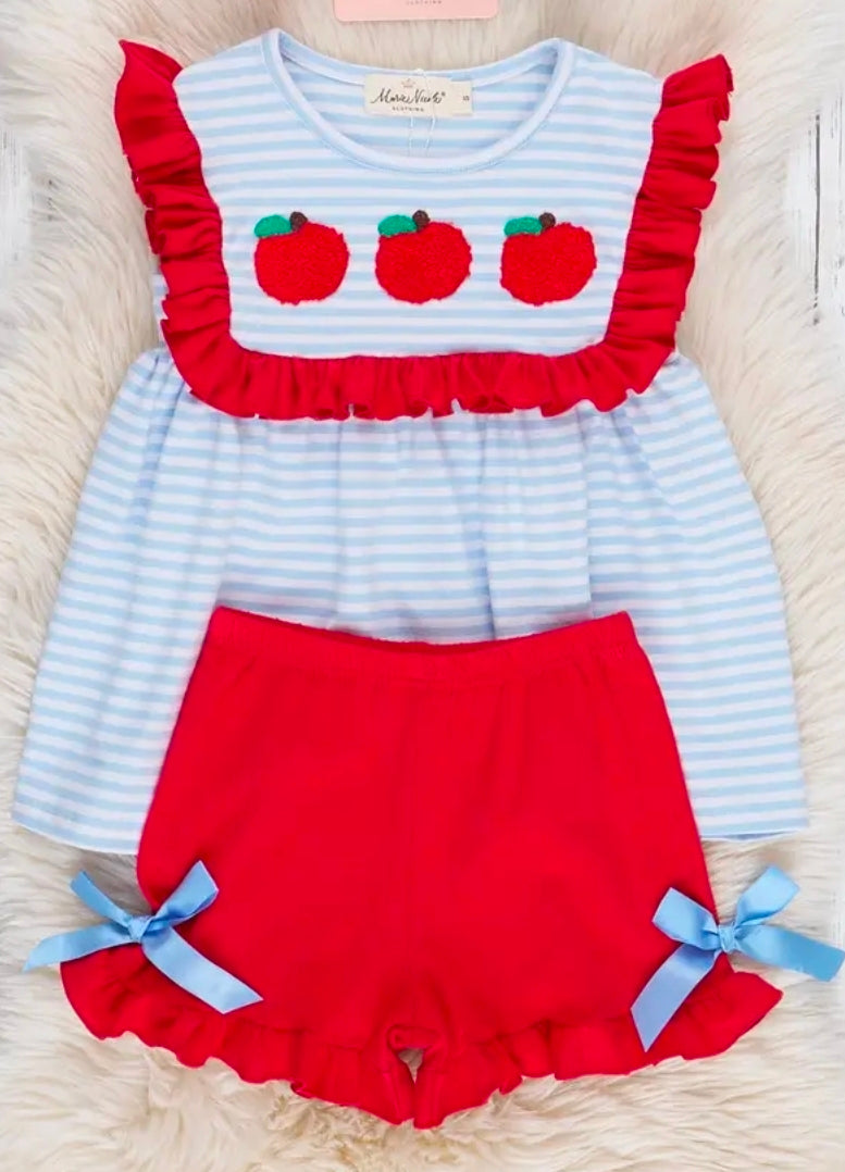 Red Apple with Blue Stripes Ruffle Outfit (Pre-Order)