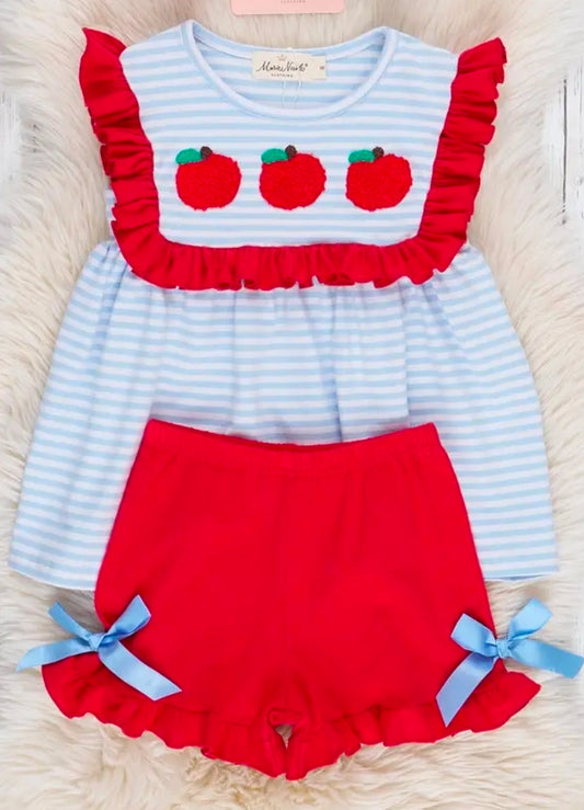 Red Apple with Blue Stripes Ruffle Outfit (Pre-Order)