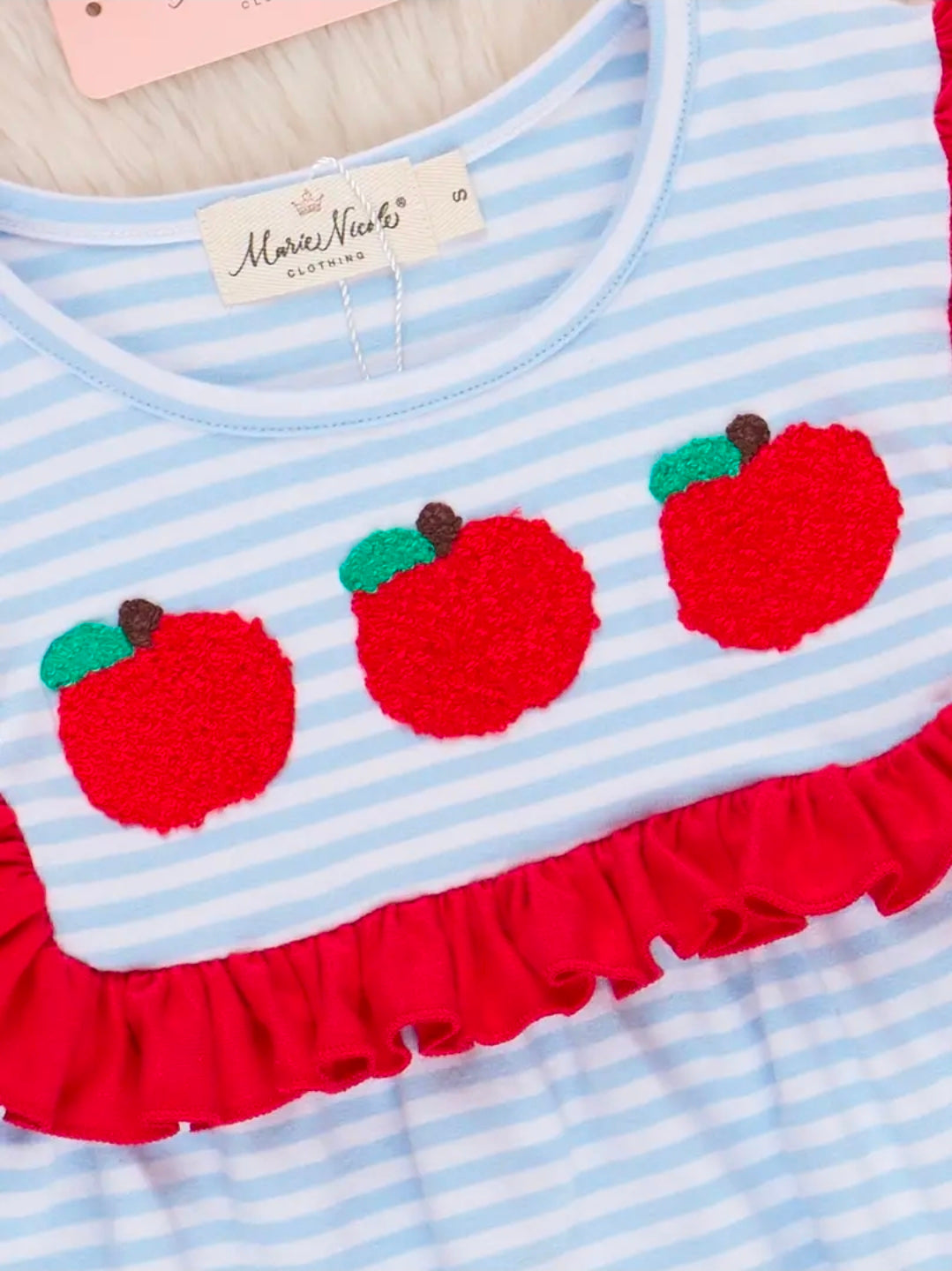 Red Apple with Blue Stripes Ruffle Outfit (Pre-Order)