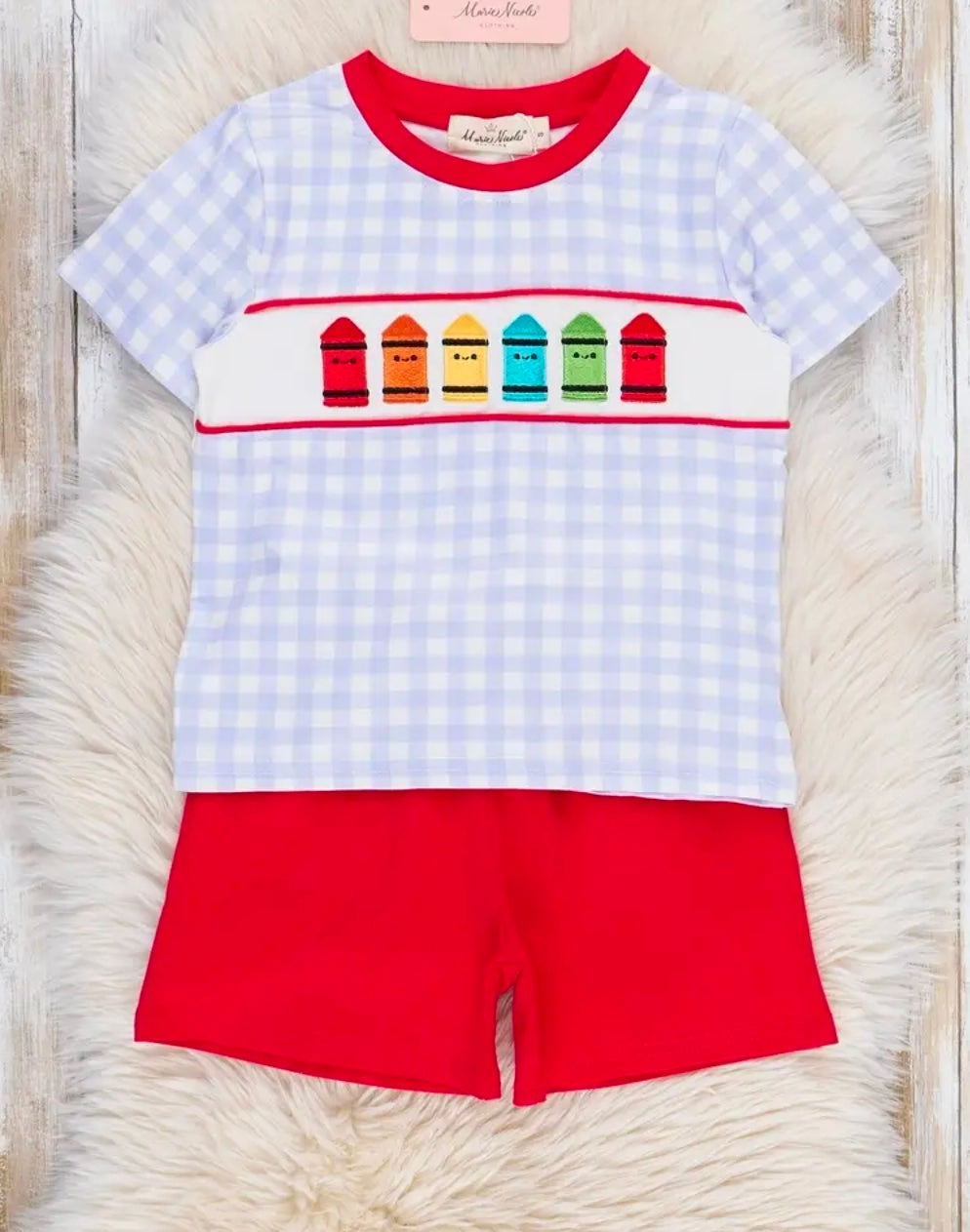 Bright Crayons Embroidered Gingham 2-piece Outfit (Pre-Order)