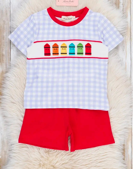 Bright Crayons Embroidered Gingham 2-piece Outfit (Pre-Order)