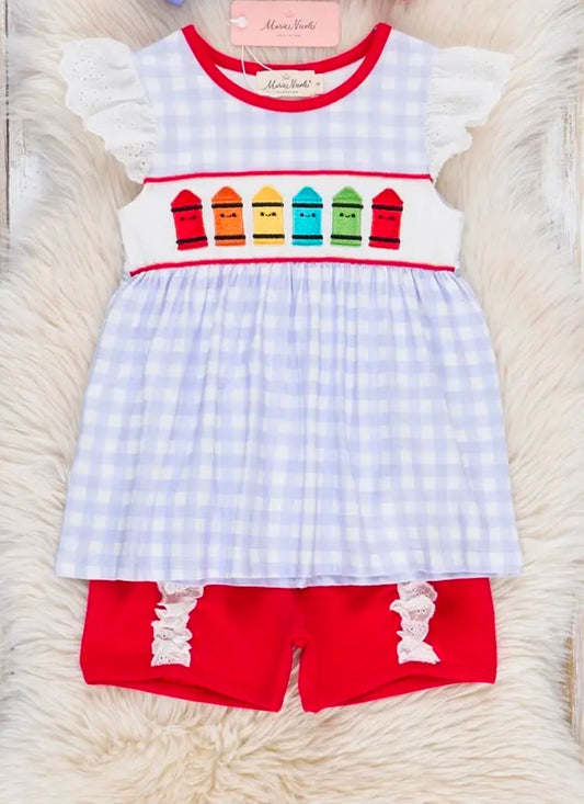 Bright Crayons Embroidered Gingham Ruffle 2-piece Outfit (Pre-Order)