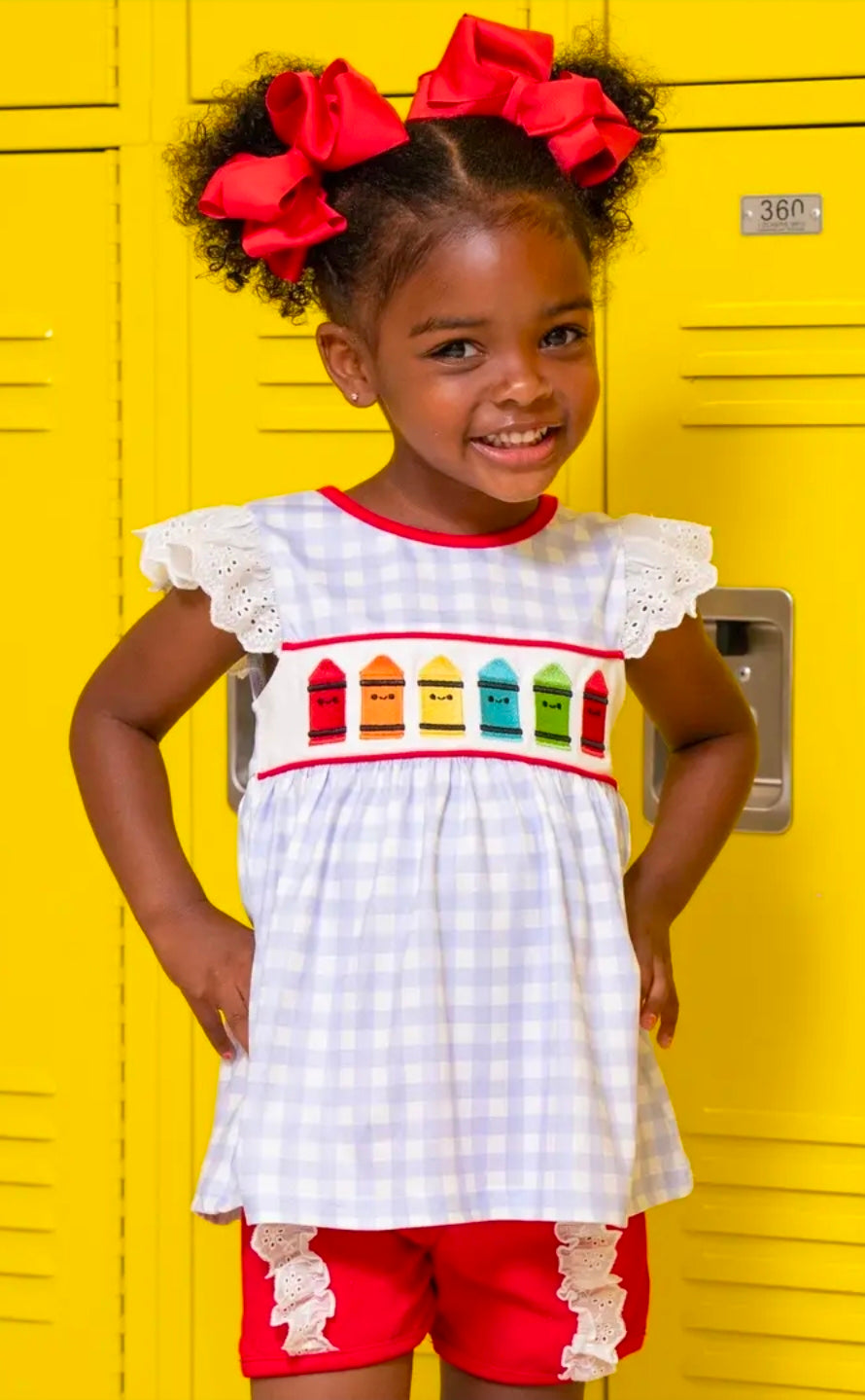 Bright Crayons Embroidered Gingham Ruffle 2-piece Outfit (Pre-Order)