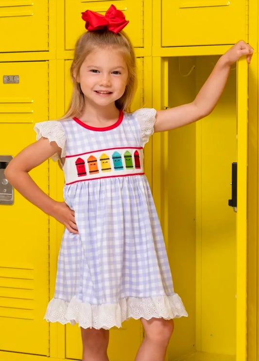 Bright Crayons Embroidered Gingham Dress (Pre-Order)