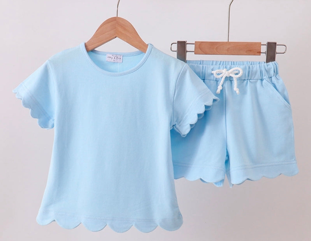 Blue Scalloped Shorts Set
