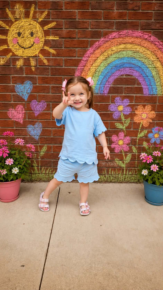Blue Scalloped Shorts Set