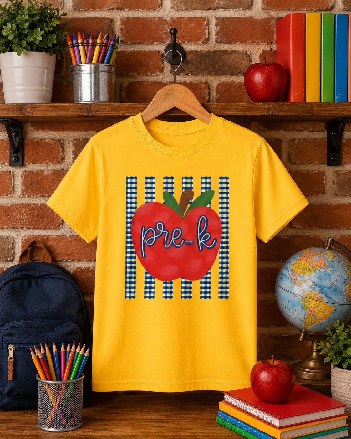 Pre-K with Apple/Stripes Adult Shirt (Gildan SoftStyle)