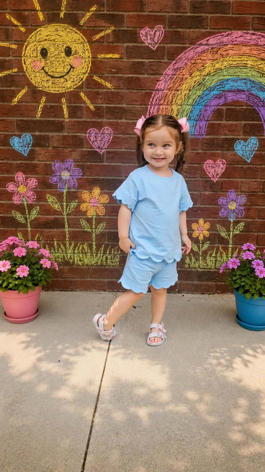 Blue Scalloped Shorts Set