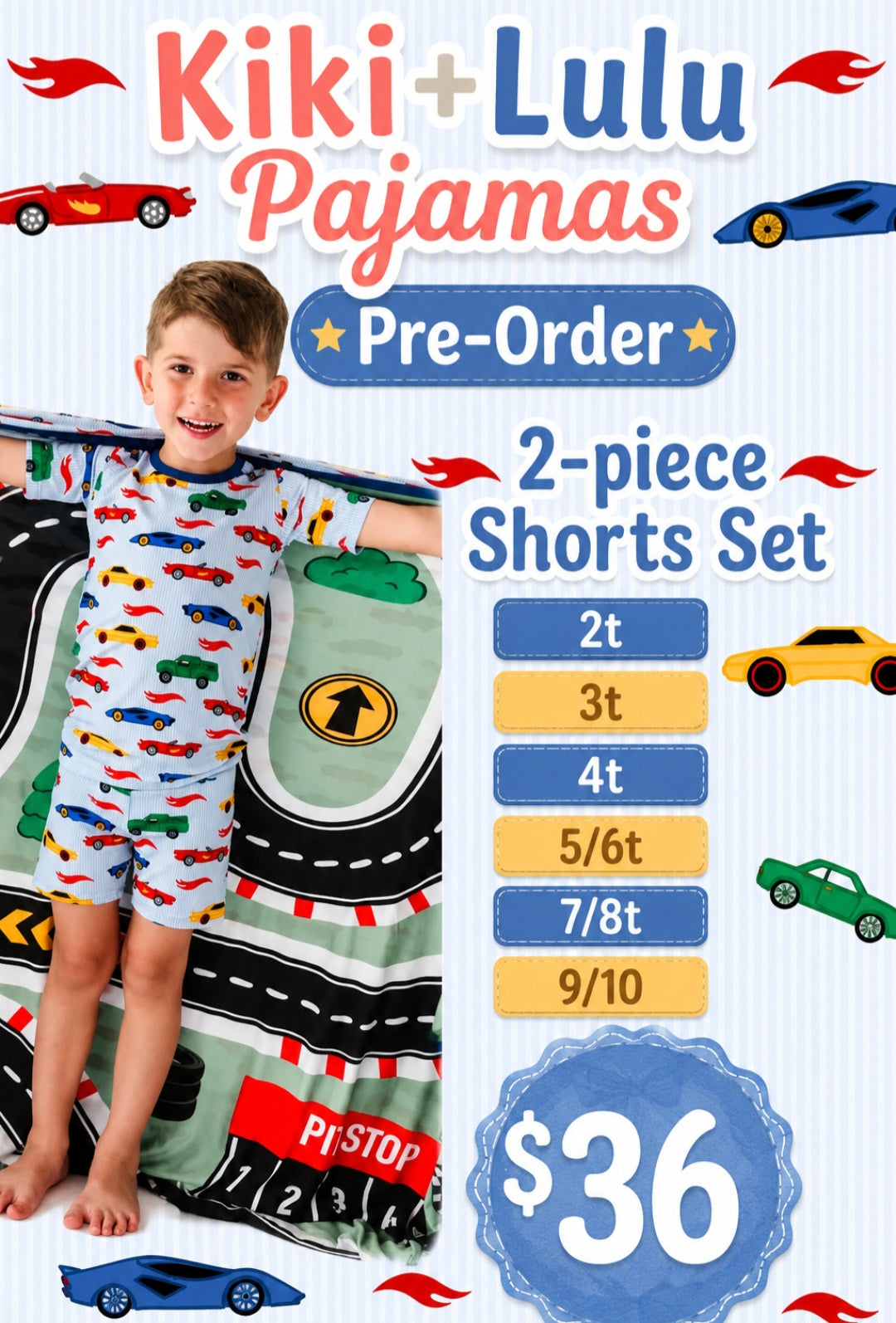 KiKi+LuLu: PREORDER 2-Piece Short Set Race Car PJ's