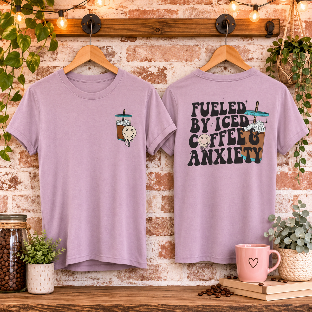 Fueled by Iced Coffee and Anxiety Adult Shirt- Front & Back (Gildan SoftStyle)